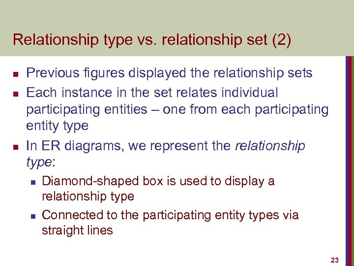 Relationship type vs. relationship set (2) n n n Previous figures displayed the relationship