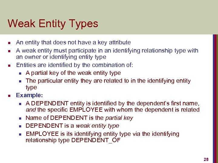 Weak Entity Types n n An entity that does not have a key attribute