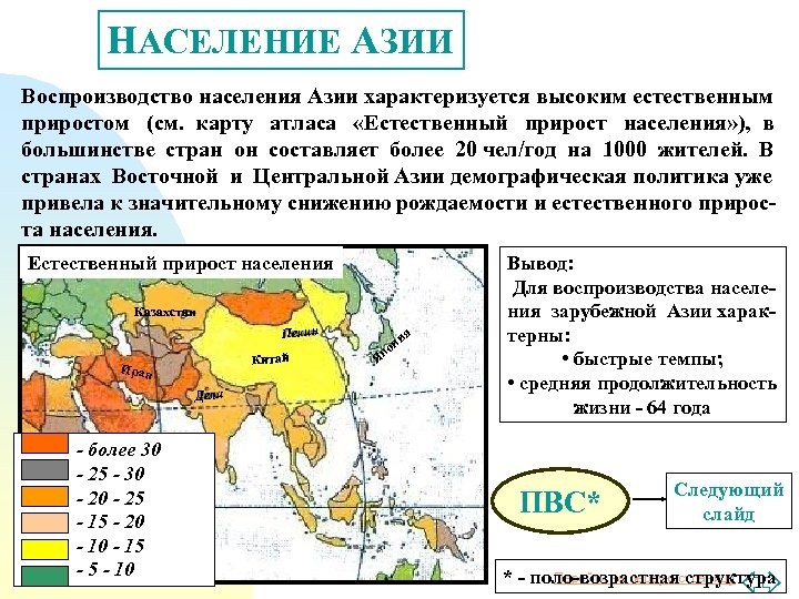 НАСЕЛЕНИЕ АЗИИ Воспроизводство населения Азии характеризуется высоким естественным приростом (см. карту атласа «Естественный прирост