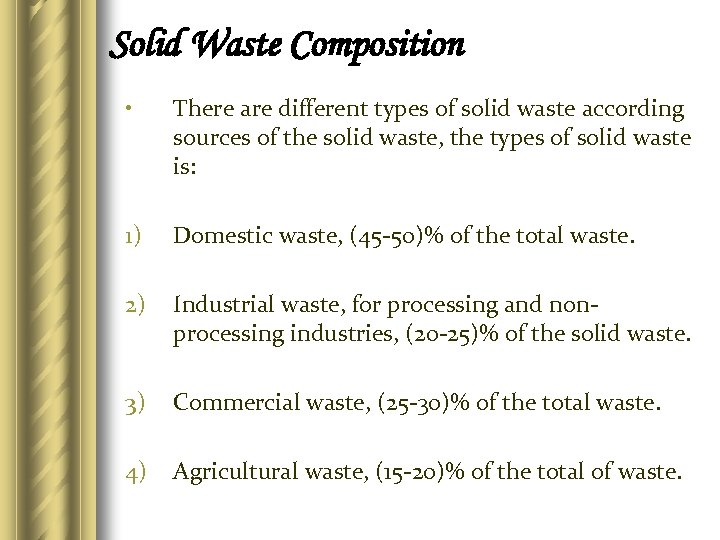 Solid Waste Composition • There are different types of solid waste according sources of