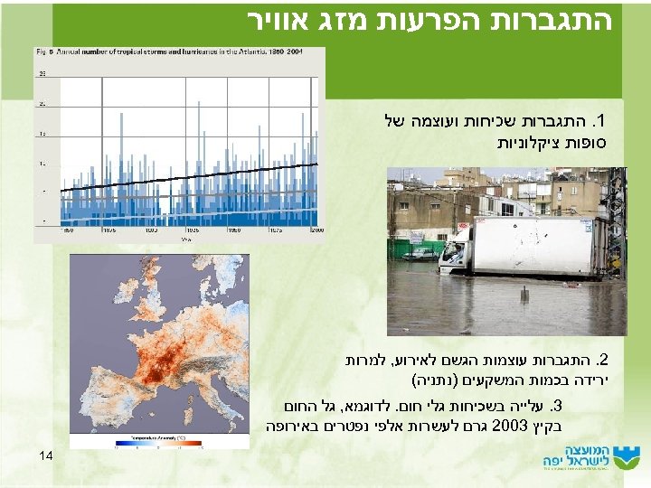  התגברות הפרעות מזג אוויר 1. התגברות שכיחות ועוצמה של סופות ציקלוניות 2. התגברות