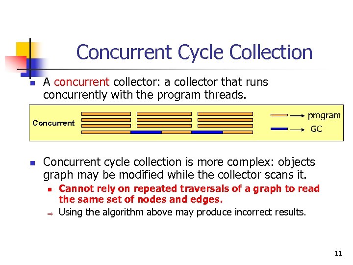Concurrent Cycle Collection n A concurrent collector: a collector that runs concurrently with the