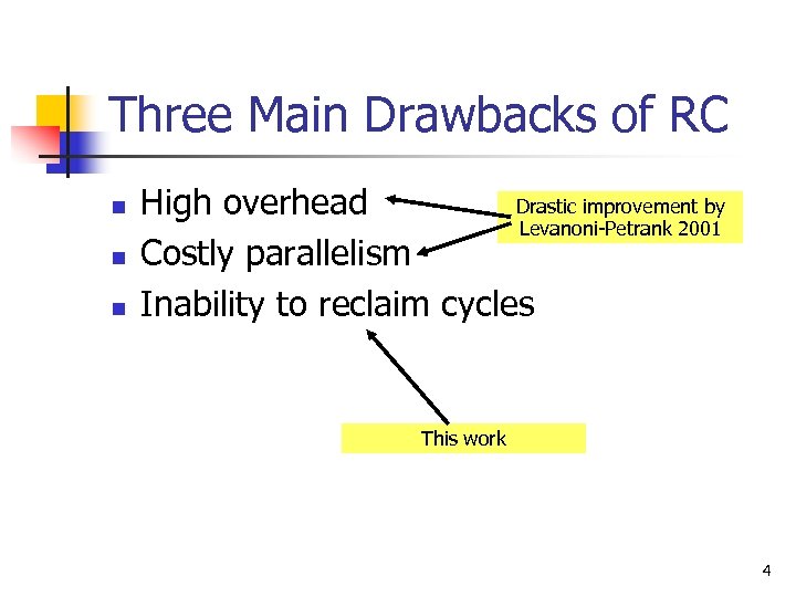 Three Main Drawbacks of RC n n n Drastic improvement by High overhead Levanoni-Petrank