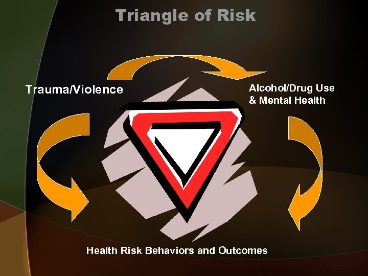 Triangle of Risk Trauma/Violence Alcohol/Drug Use & Mental Health Risk Behaviors and Outcomes 