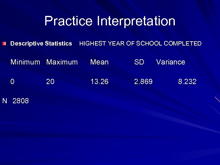 Practice Interpretation Descriptive Statistics HIGHEST YEAR OF SCHOOL COMPLETED Minimum Maximum Mean SD 0