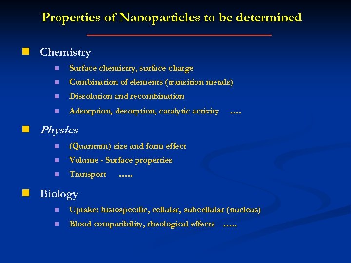 Properties of Nanoparticles to be determined n Chemistry n Surface chemistry, surface charge n