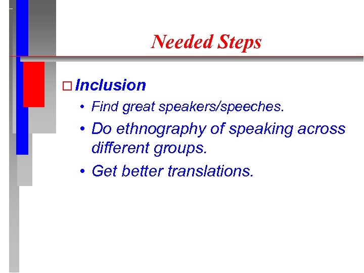 Needed Steps Inclusion • Find great speakers/speeches. • Do ethnography of speaking across different