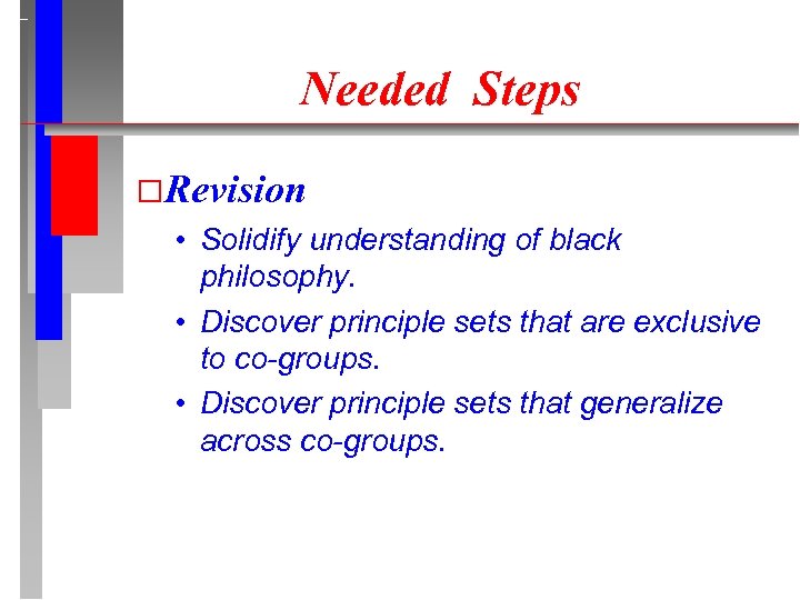 Needed Steps Revision • Solidify understanding of black philosophy. • Discover principle sets that