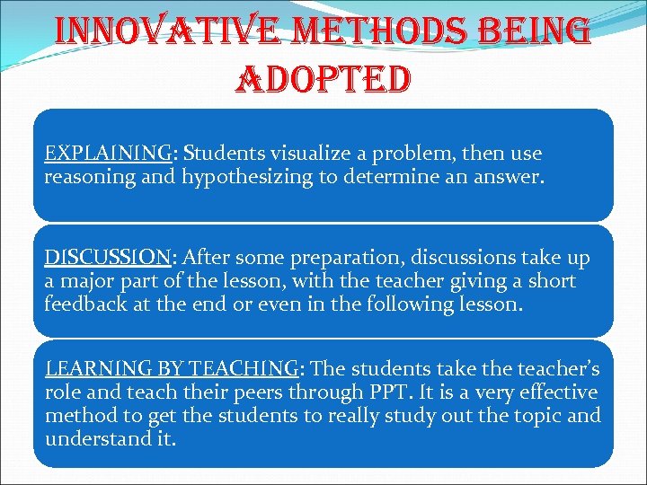 INNOVATIVE METHODS BEING ADOPTED EXPLAINING: Students visualize a problem, then use reasoning and hypothesizing