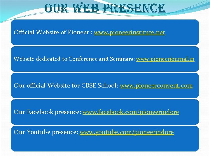 OUR WEB PRESENCE Official Website of Pioneer : www. pioneerinstitute. net Website dedicated to