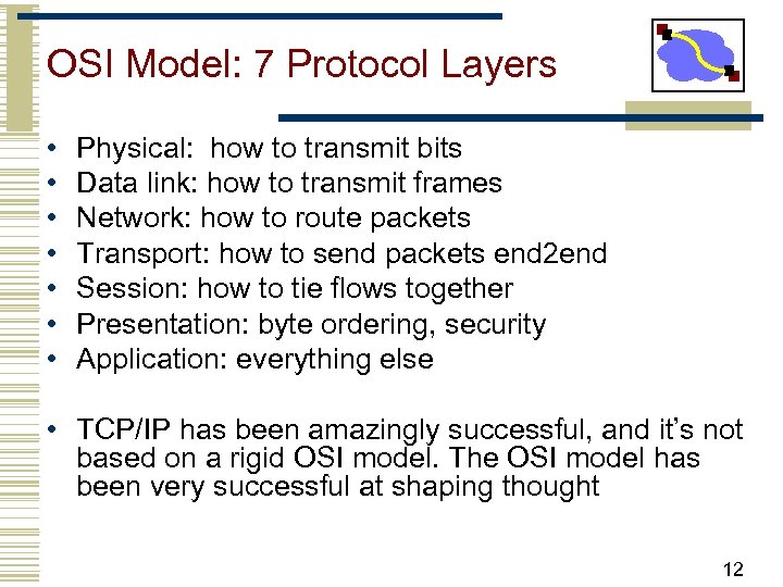 OSI Model: 7 Protocol Layers • • Physical: how to transmit bits Data link: