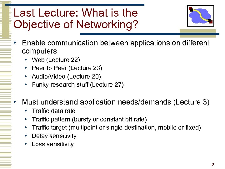 Last Lecture: What is the Objective of Networking? • Enable communication between applications on