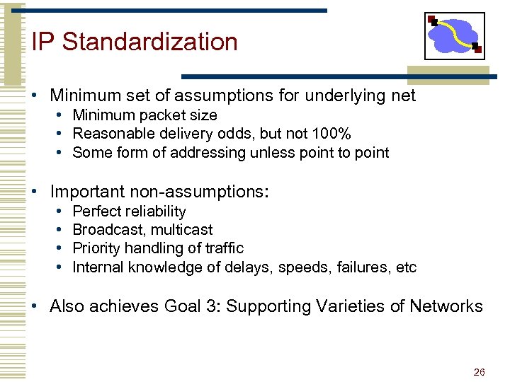 IP Standardization • Minimum set of assumptions for underlying net • Minimum packet size