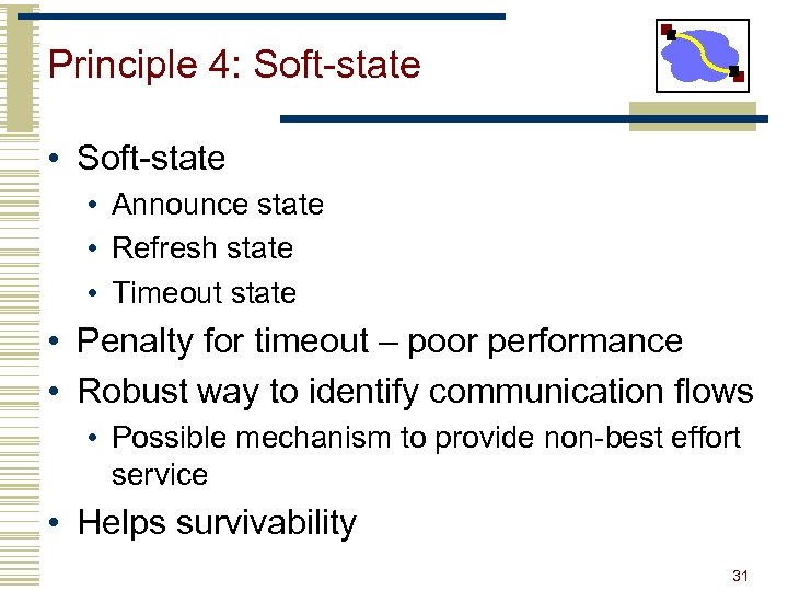 Principle 4: Soft-state • Announce state • Refresh state • Timeout state • Penalty