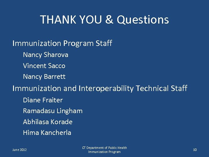 THANK YOU & Questions Immunization Program Staff Nancy Sharova Vincent Sacco Nancy Barrett Immunization