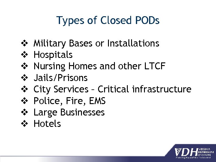 Types of Closed PODs v v v v Military Bases or Installations Hospitals Nursing
