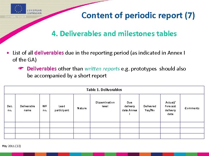 Content of periodic report (7) 4. Deliverables and milestones tables • List of all