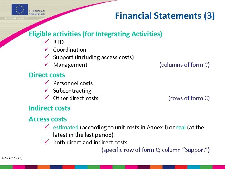 Financial Statements (3) Eligible activities (for Integrating Activities) ü ü RTD Coordination Support (including