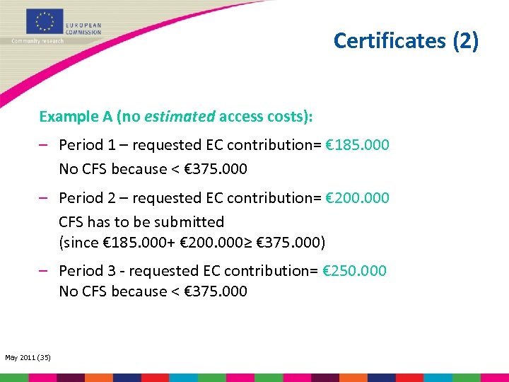 Certificates (2) Example A (no estimated access costs): – Period 1 – requested EC