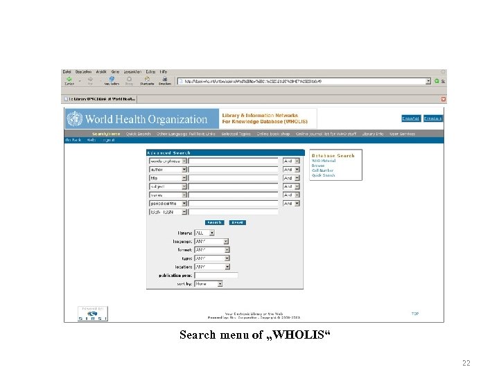 Search menu of „WHOLIS“ 22 