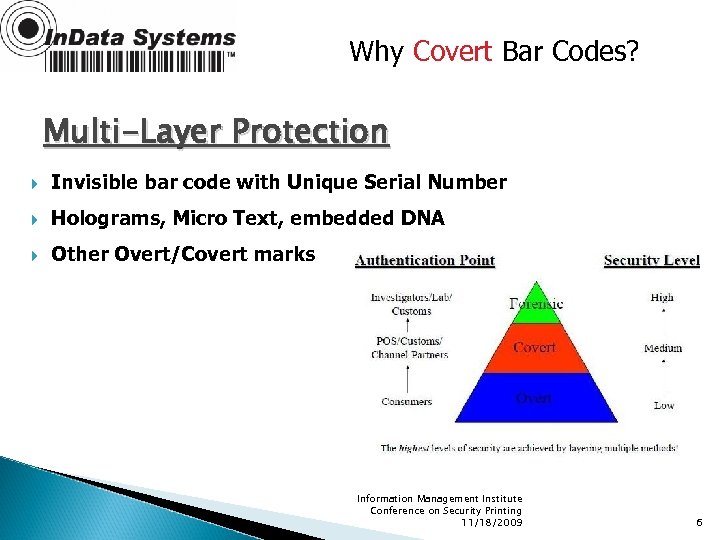 Why Covert Bar Codes? Multi-Layer Protection Invisible bar code with Unique Serial Number Holograms,