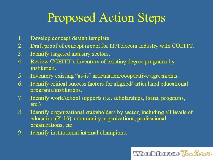 Proposed Action Steps 1. 2. 3. 4. 5. 6. 7. 8. 9. Develop concept