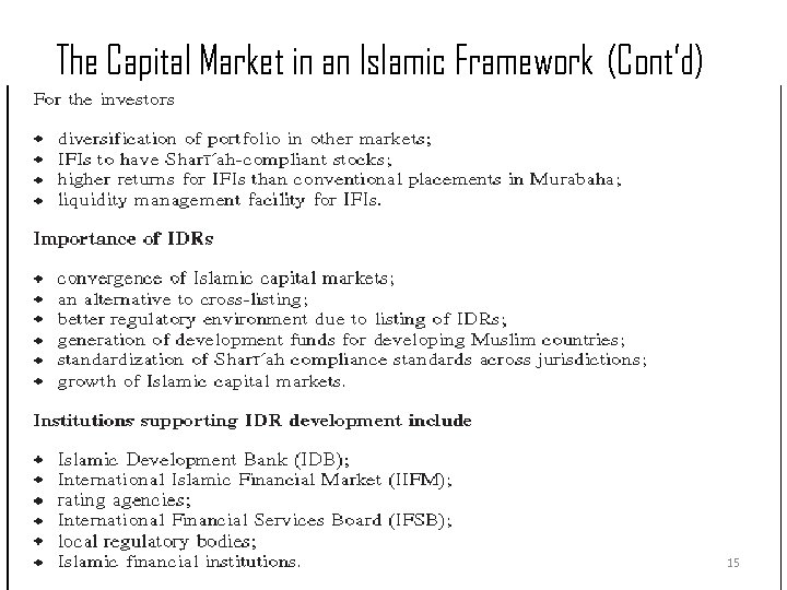 The Capital Market in an Islamic Framework (Cont’d) SUKUK & SECURITIZATION 15 