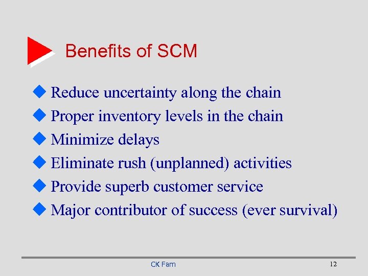 Benefits of SCM u Reduce uncertainty along the chain u Proper inventory levels in