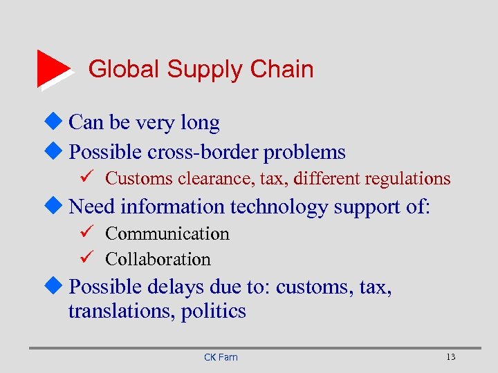 Global Supply Chain u Can be very long u Possible cross-border problems ü Customs