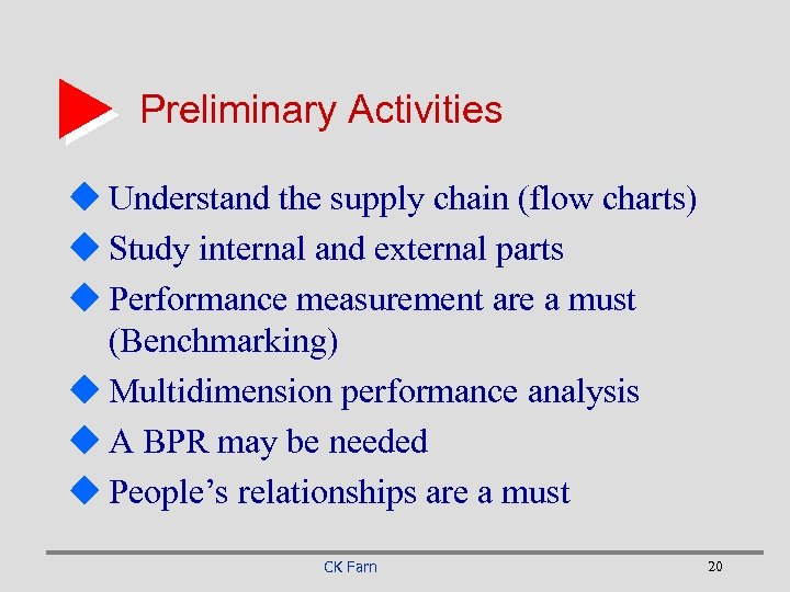 Preliminary Activities u Understand the supply chain (flow charts) u Study internal and external