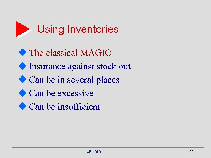 Using Inventories u The classical MAGIC u Insurance against stock out u Can be