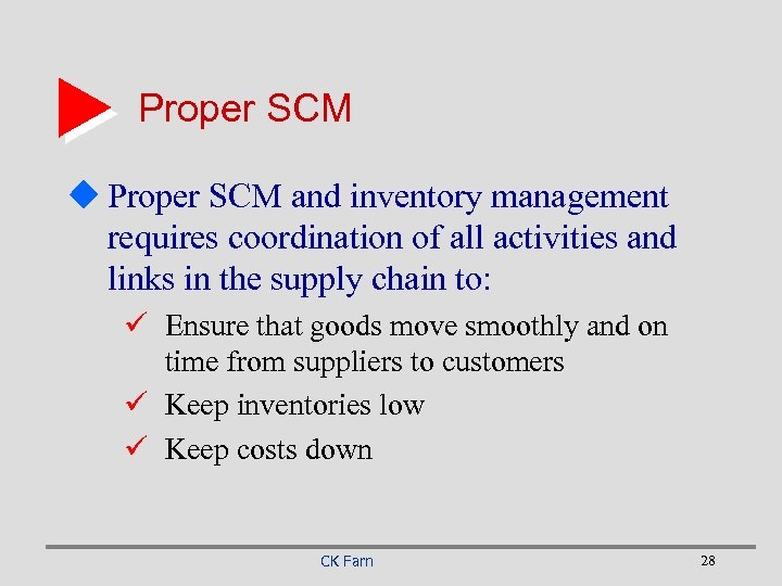 Proper SCM u Proper SCM and inventory management requires coordination of all activities and