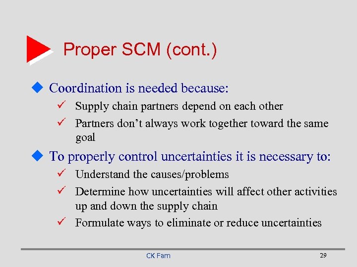 Proper SCM (cont. ) u Coordination is needed because: ü Supply chain partners depend