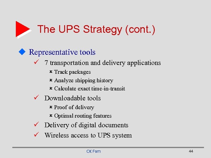 The UPS Strategy (cont. ) u Representative tools ü 7 transportation and delivery applications