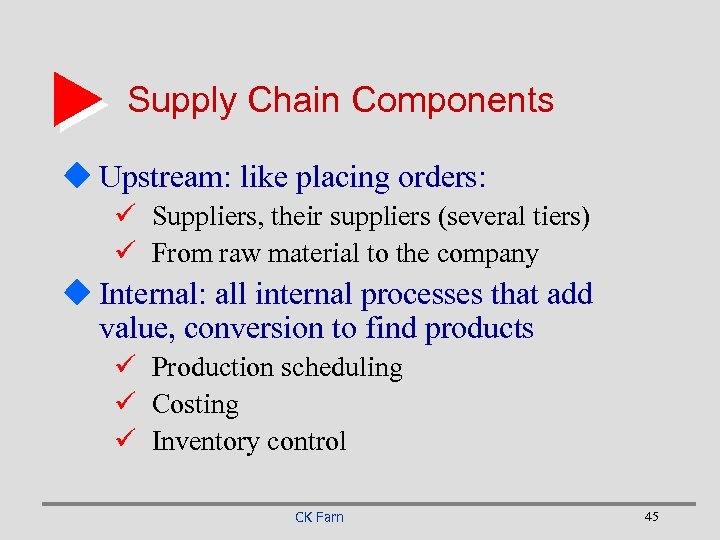 Supply Chain Components u Upstream: like placing orders: ü Suppliers, their suppliers (several tiers)
