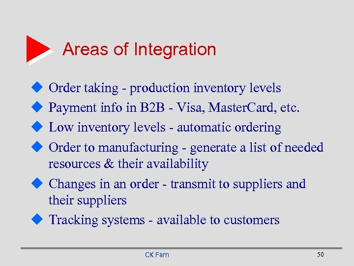 Areas of Integration u u Order taking - production inventory levels Payment info in
