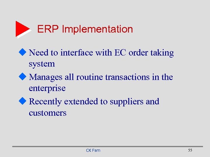 ERP Implementation u Need to interface with EC order taking system u Manages all