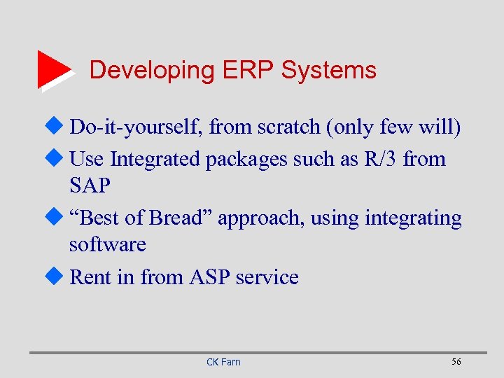 Developing ERP Systems u Do-it-yourself, from scratch (only few will) u Use Integrated packages