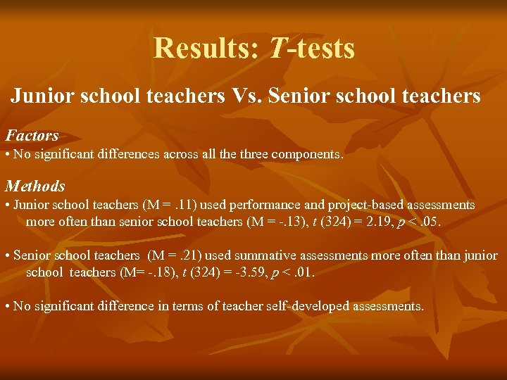 Results: T-tests Junior school teachers Vs. Senior school teachers Factors • No significant differences