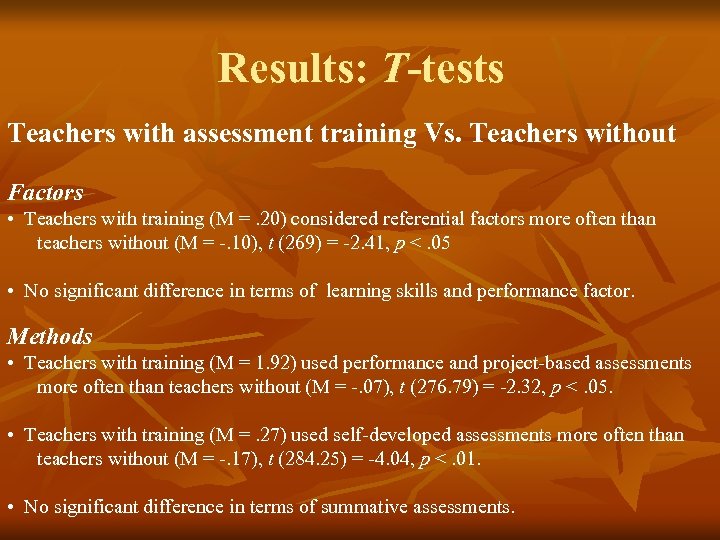 Results: T-tests Teachers with assessment training Vs. Teachers without Factors • Teachers with training