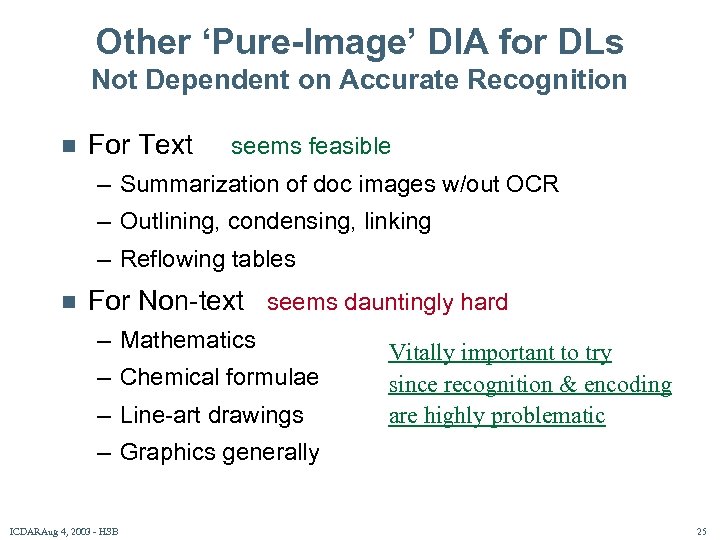 Other ‘Pure-Image’ DIA for DLs Not Dependent on Accurate Recognition n For Text seems