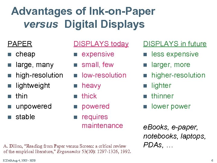 Advantages of Ink-on-Paper versus Digital Displays PAPER n cheap n large, many n high-resolution