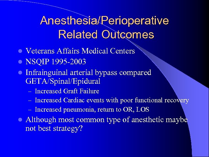Anesthesia/Perioperative Related Outcomes Veterans Affairs Medical Centers l NSQIP 1995 -2003 l Infrainguinal arterial