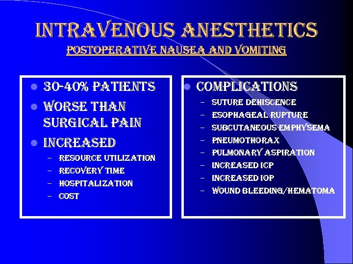 intravenous anesthetics postoperative nausea and vomiting 30 -40% patients l worse than surgical pain