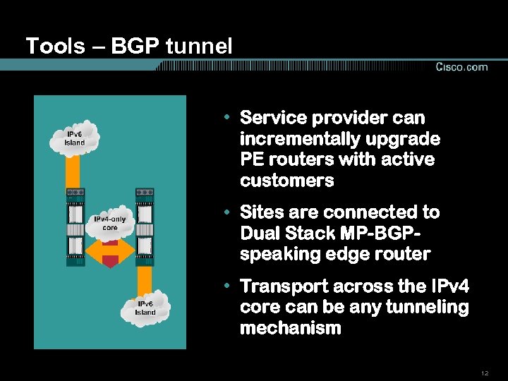Tools – BGP tunnel • Service provider can incrementally upgrade PE routers with active