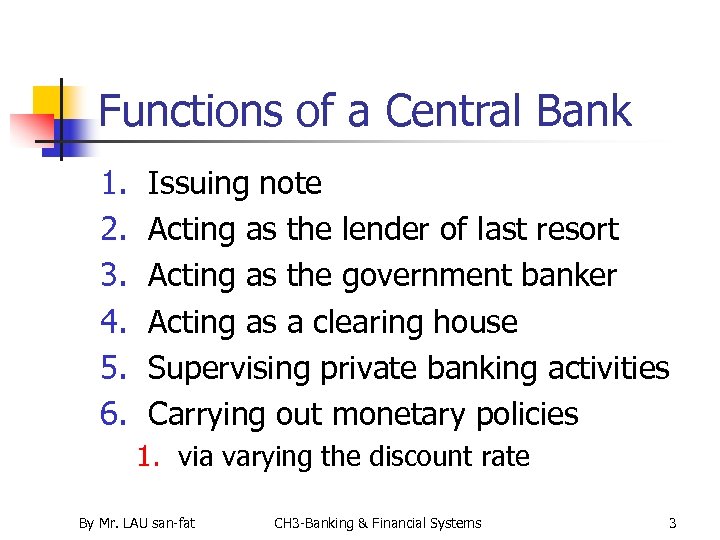 Functions of a Central Bank 1. 2. 3. 4. 5. 6. Issuing note Acting