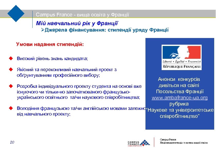 Campus France - вища освіта у Франції Мій навчальний рік у Франції Джерела фінансування: