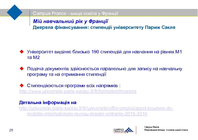 Campus France - вища освіта у Франції Мій навчальний рік у Франції Джерела фінансування:
