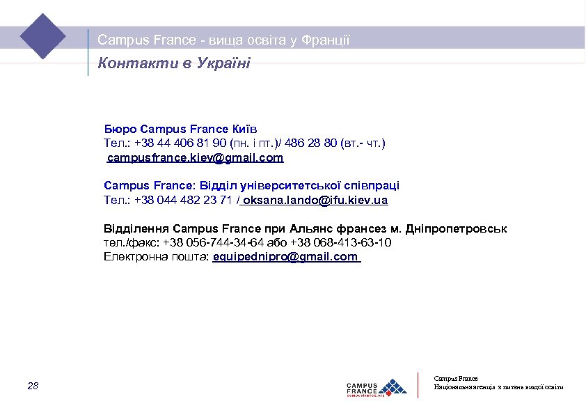 Campus France - вища освіта у Франції Контакти в Україні Бюро Campus France Київ