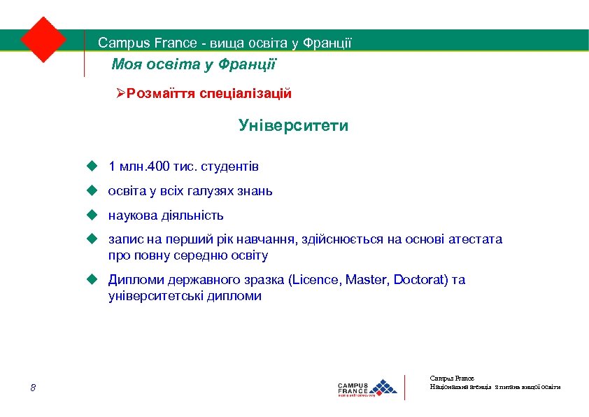 Campus France - вища освіта у Франції 1/2 Моя освіта у Франції Розмаїття спеціалізацій